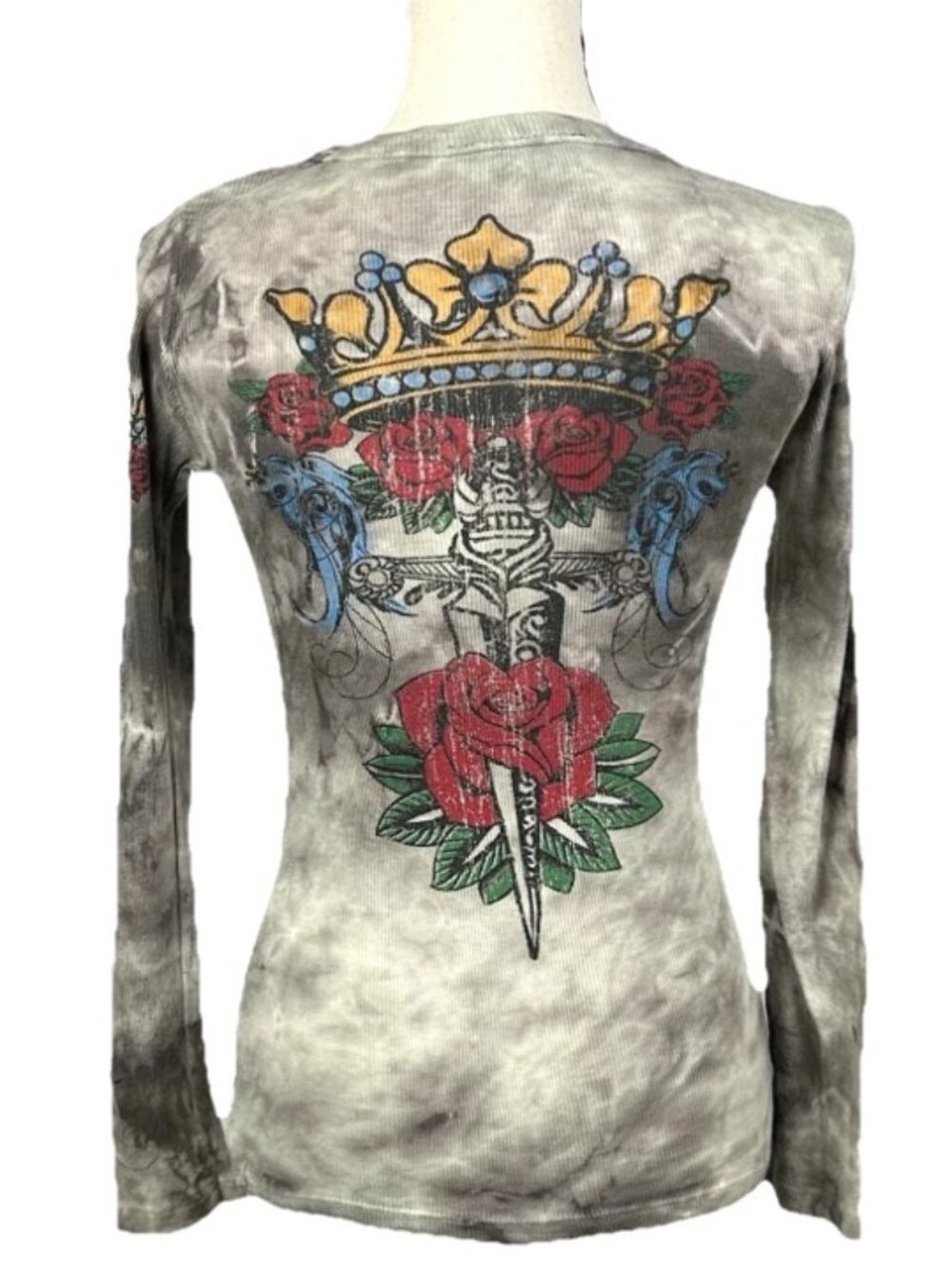 Vtg Reign Women Y2K Rebel Biker Goth Clubbing Rave Tee Shirt Rose Sword Camo M